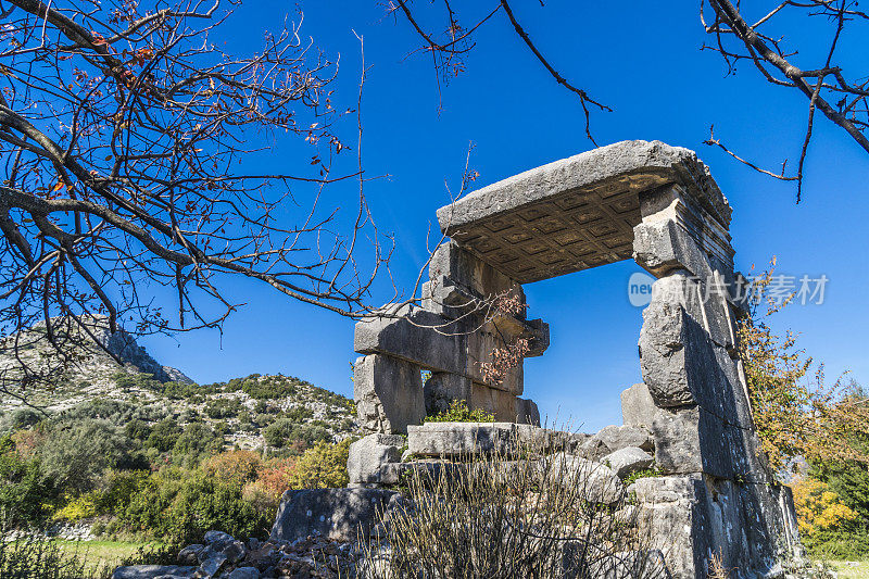 来自Dodurga村的Sidyma古城。Fethiye, Mugla，土耳其。